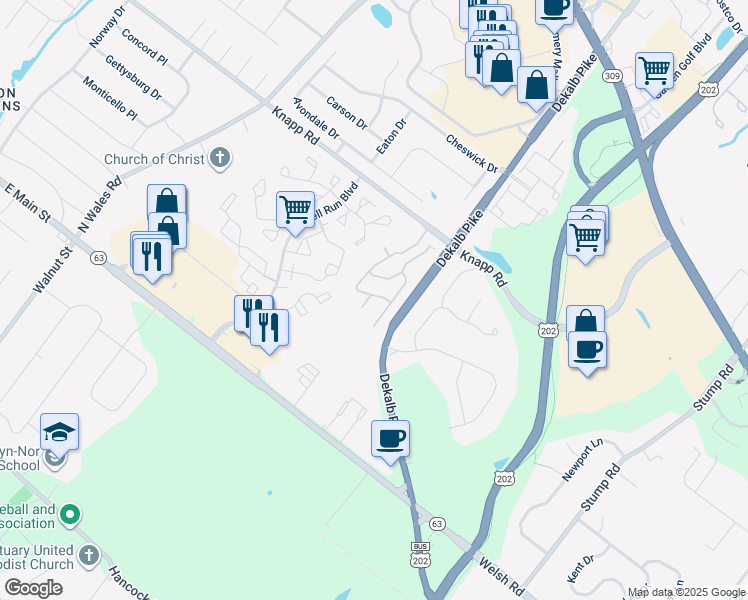 map of restaurants, bars, coffee shops, grocery stores, and more near 101 Whitehall Drive in North Wales