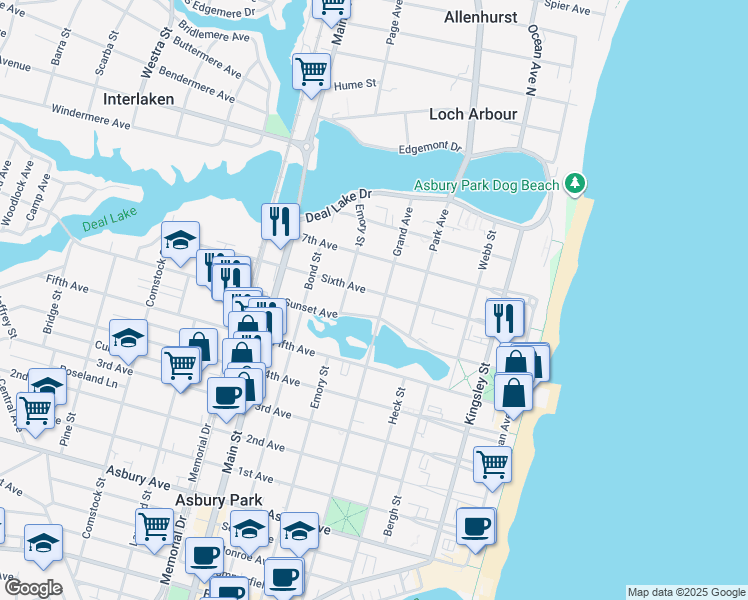 map of restaurants, bars, coffee shops, grocery stores, and more near 2000 6th Avenue in Asbury Park