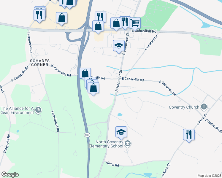 map of restaurants, bars, coffee shops, grocery stores, and more near 1125 South Hanover Street in Pottstown
