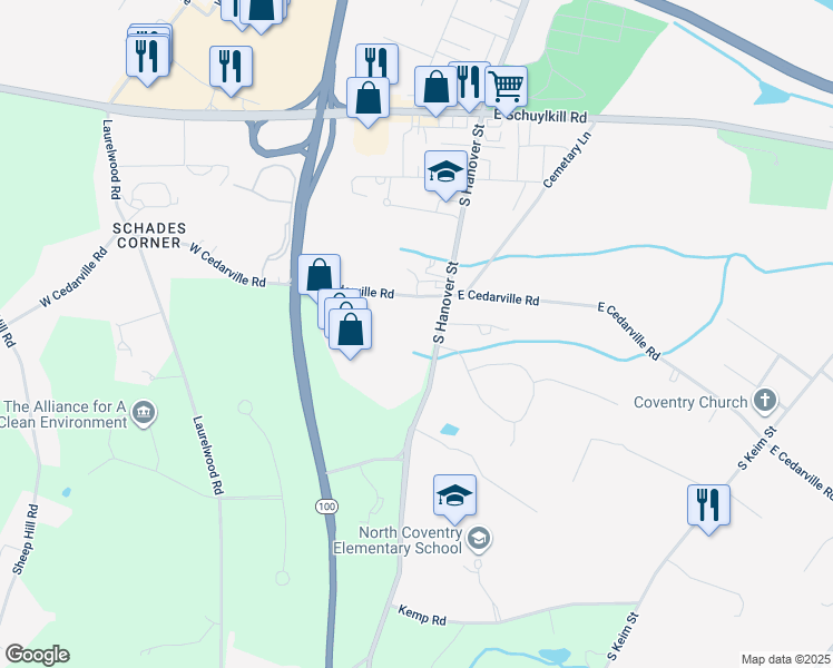 map of restaurants, bars, coffee shops, grocery stores, and more near 1125 South Hanover Street in Pottstown