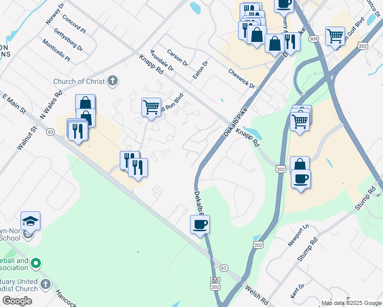 map of restaurants, bars, coffee shops, grocery stores, and more near 101 Whitehall Drive in North Wales