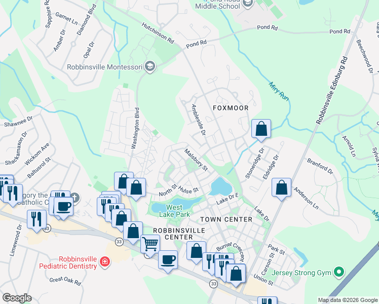 map of restaurants, bars, coffee shops, grocery stores, and more near 28 Malsbury Street in Robbinsville Township