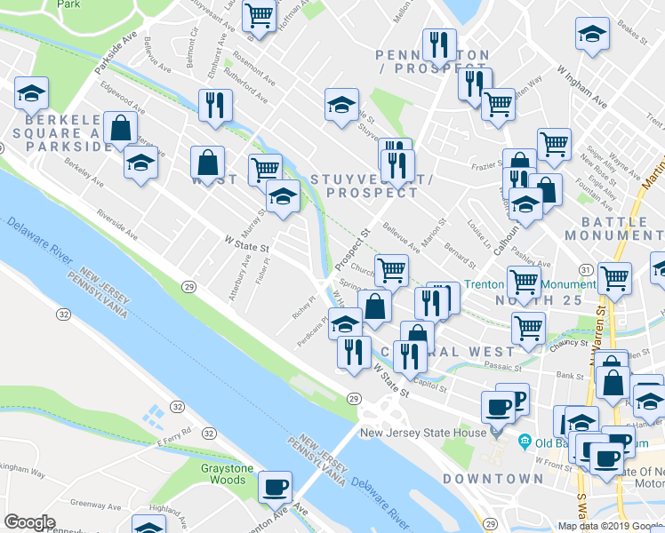 map of restaurants, bars, coffee shops, grocery stores, and more near 19 Prospect Street in Trenton