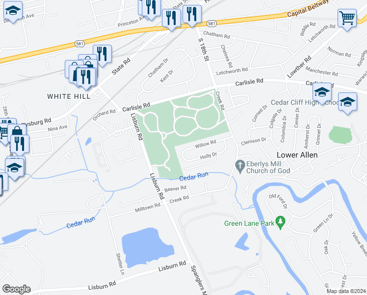 map of restaurants, bars, coffee shops, grocery stores, and more near 1830 Willow Road in Camp Hill
