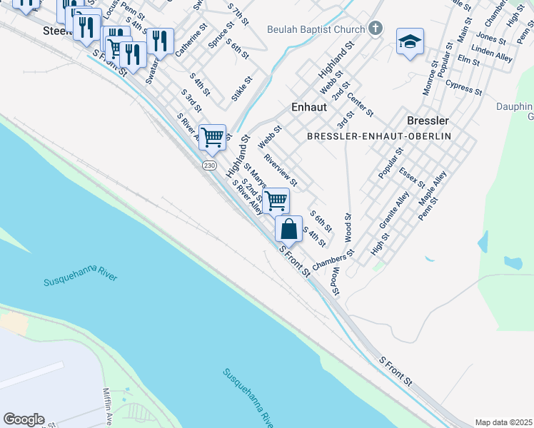 map of restaurants, bars, coffee shops, grocery stores, and more near 638 South 2nd Street in Steelton