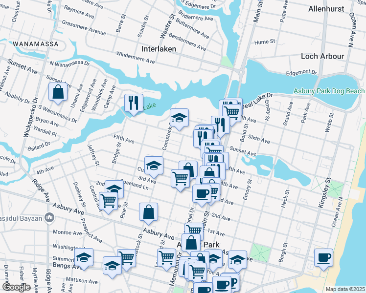 map of restaurants, bars, coffee shops, grocery stores, and more near 1304 Langford Street in Asbury Park