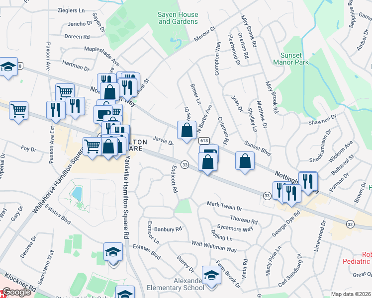 map of restaurants, bars, coffee shops, grocery stores, and more near 60 South Burtis Avenue in Hamilton Township
