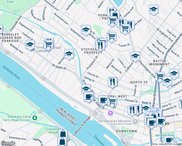 map of restaurants, bars, coffee shops, grocery stores, and more near 340 Church Street in Trenton
