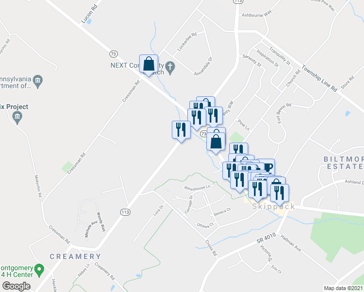 map of restaurants, bars, coffee shops, grocery stores, and more near 1264 Bridge Road in Schwenksville