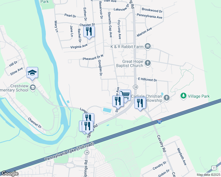 map of restaurants, bars, coffee shops, grocery stores, and more near 1408 Bradley Drive in Carlisle