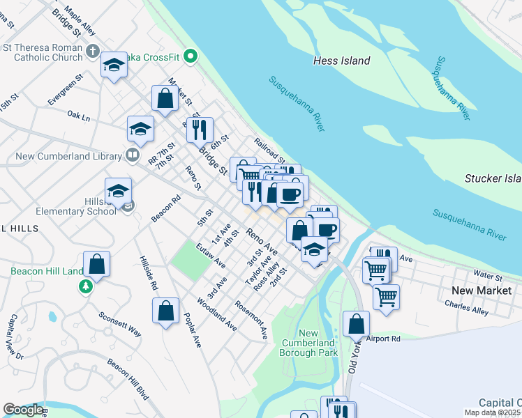 map of restaurants, bars, coffee shops, grocery stores, and more near 320 Bridge Street in New Cumberland