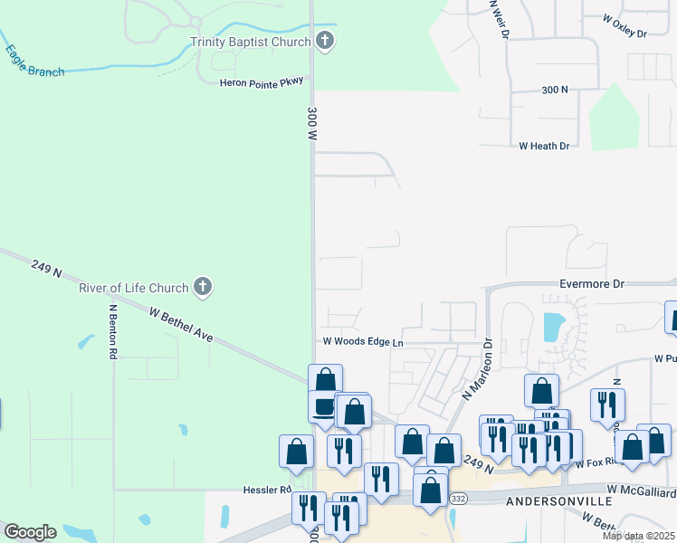 map of restaurants, bars, coffee shops, grocery stores, and more near 4100 North Morrison Road in Muncie