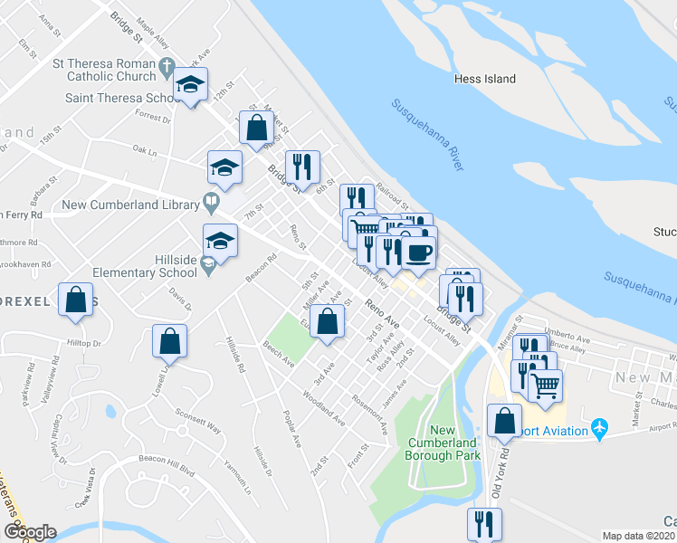 map of restaurants, bars, coffee shops, grocery stores, and more near 423 Reno Avenue in New Cumberland