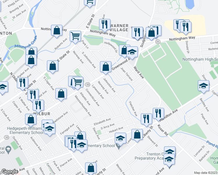 map of restaurants, bars, coffee shops, grocery stores, and more near 527 Johnston Avenue in Trenton