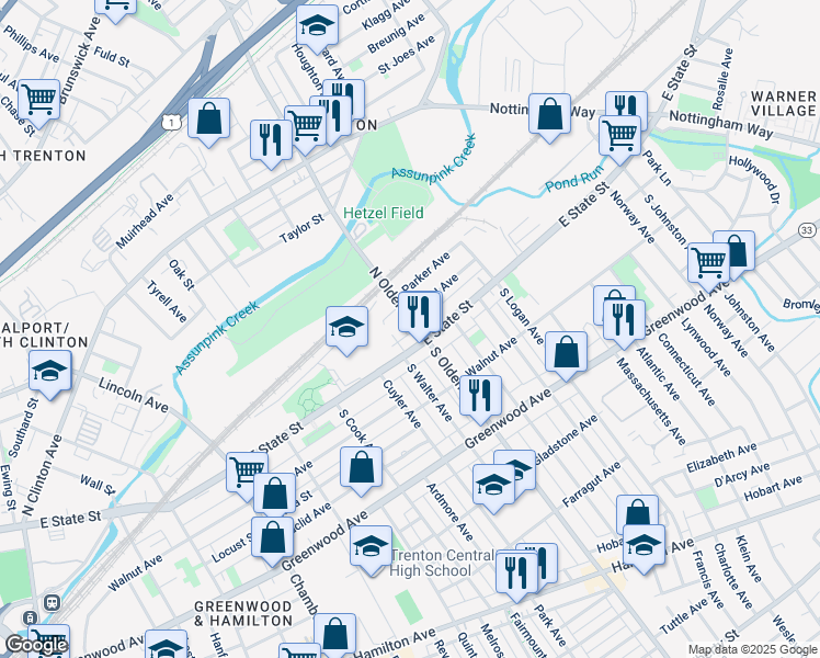 map of restaurants, bars, coffee shops, grocery stores, and more near 19 North Olden Avenue in Trenton