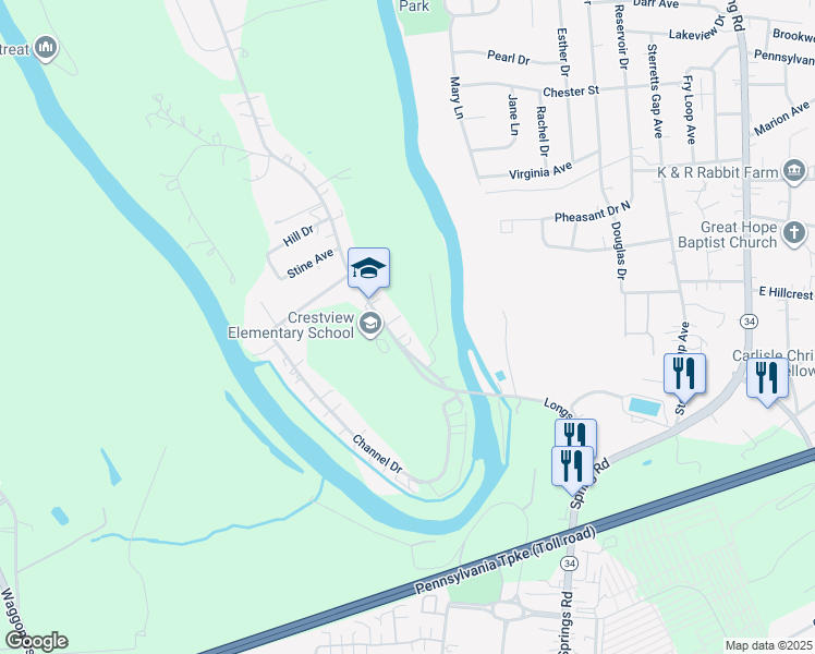 map of restaurants, bars, coffee shops, grocery stores, and more near 235 Longs Gap Road in Carlisle