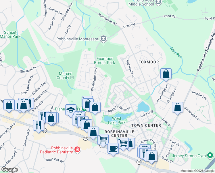 map of restaurants, bars, coffee shops, grocery stores, and more near 136 Wyndham Place in Robbinsville