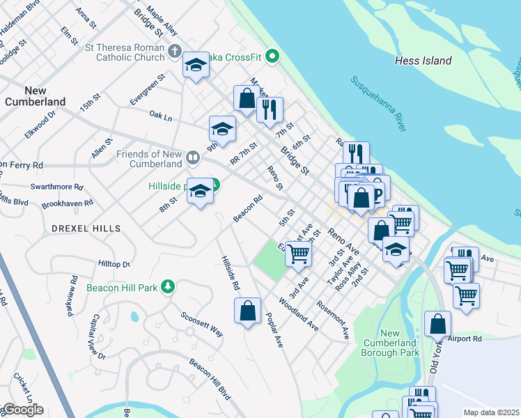 map of restaurants, bars, coffee shops, grocery stores, and more near 518 Geary Avenue in New Cumberland