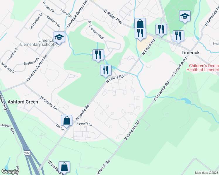 map of restaurants, bars, coffee shops, grocery stores, and more near 5903 Drawbridge Court in Royersford