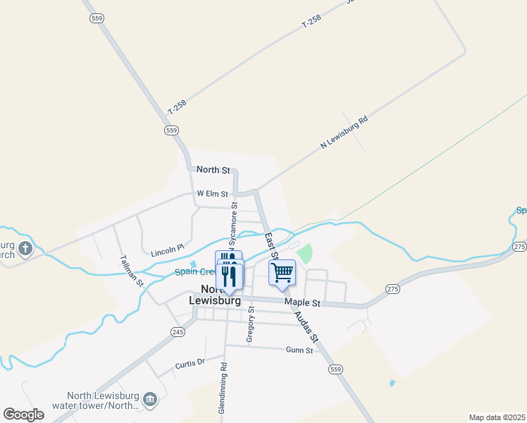 map of restaurants, bars, coffee shops, grocery stores, and more near 319 East Street in North Lewisburg