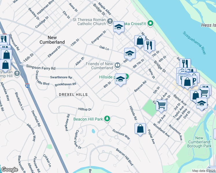 map of restaurants, bars, coffee shops, grocery stores, and more near 514 8th St in New Cumberland