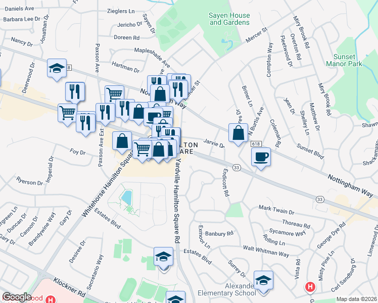 map of restaurants, bars, coffee shops, grocery stores, and more near New Jersey 33 in Trenton