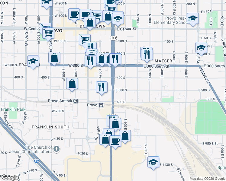 map of restaurants, bars, coffee shops, grocery stores, and more near 515 South University Avenue in Provo