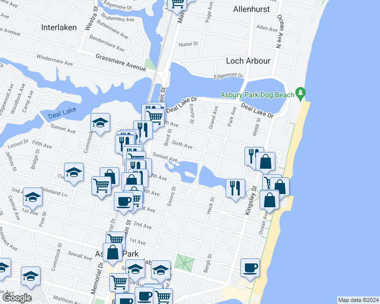 map of restaurants, bars, coffee shops, grocery stores, and more near 2000 6th Avenue in Asbury Park
