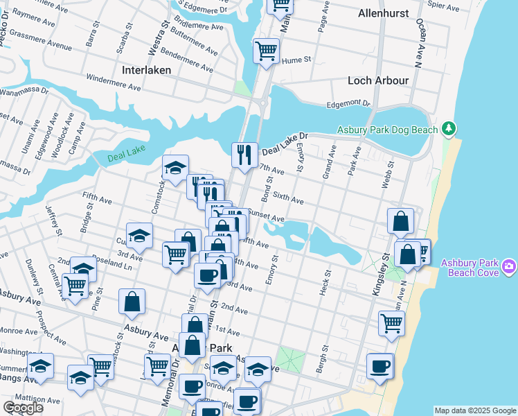 map of restaurants, bars, coffee shops, grocery stores, and more near 703 Sunset Avenue in Asbury Park