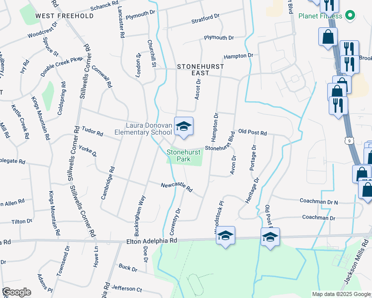 map of restaurants, bars, coffee shops, grocery stores, and more near 237 Stonehurst Blvd in Freehold Township