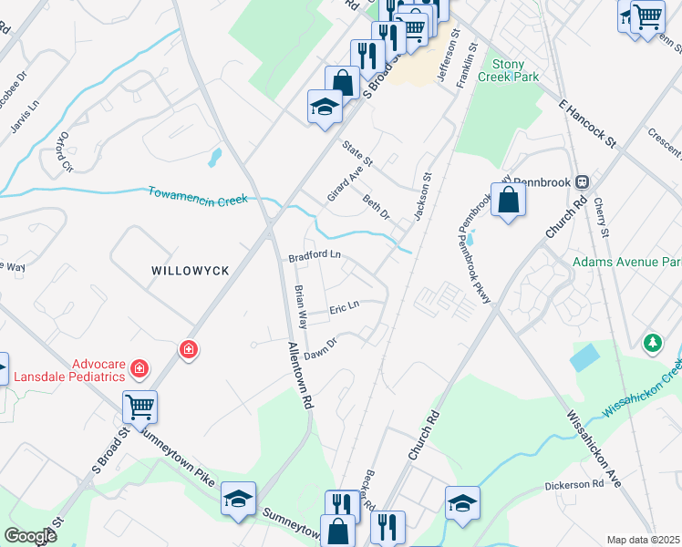 map of restaurants, bars, coffee shops, grocery stores, and more near 210 Bradford Lane in Lansdale