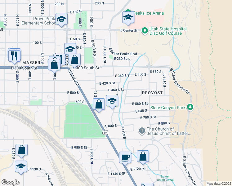 map of restaurants, bars, coffee shops, grocery stores, and more near 490 Utah Avenue in Provo