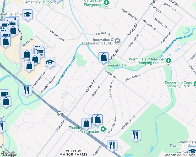 map of restaurants, bars, coffee shops, grocery stores, and more near 833 Valley Road in Warminster