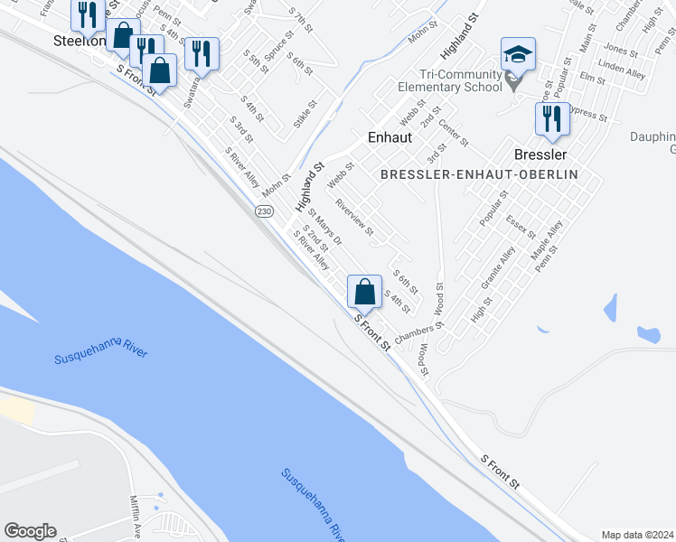 map of restaurants, bars, coffee shops, grocery stores, and more near 638 South 2nd Street in Steelton