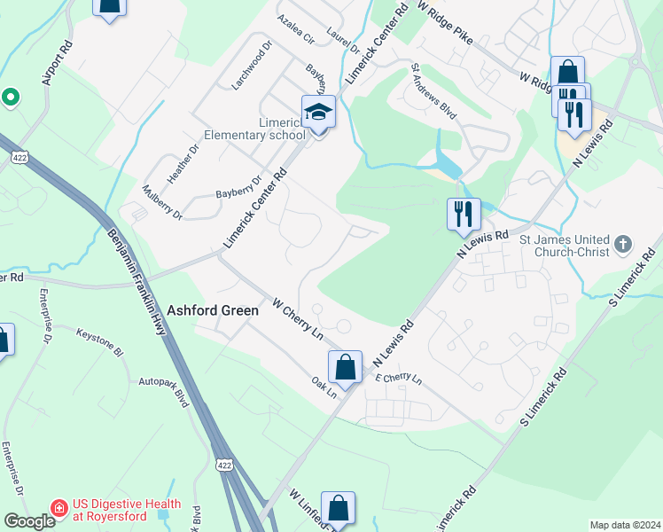 map of restaurants, bars, coffee shops, grocery stores, and more near 77 Walker Road in Royersford