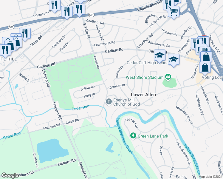 map of restaurants, bars, coffee shops, grocery stores, and more near 3 Clemson Dr in Camp Hill