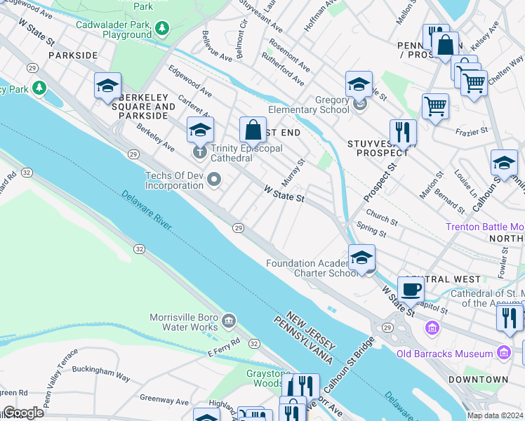 map of restaurants, bars, coffee shops, grocery stores, and more near 37 Delawareview Avenue in Trenton