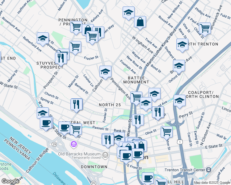 map of restaurants, bars, coffee shops, grocery stores, and more near North Willow Street in Trenton