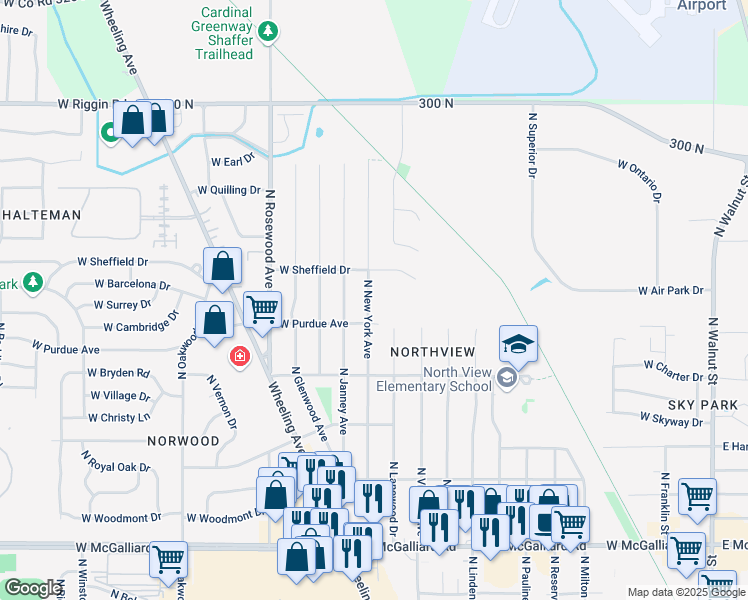 map of restaurants, bars, coffee shops, grocery stores, and more near 4114 North New York Avenue in Muncie