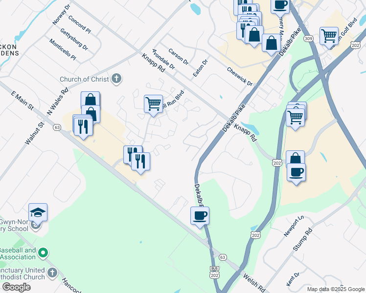 map of restaurants, bars, coffee shops, grocery stores, and more near 220 Hampton Green Drive in North Wales