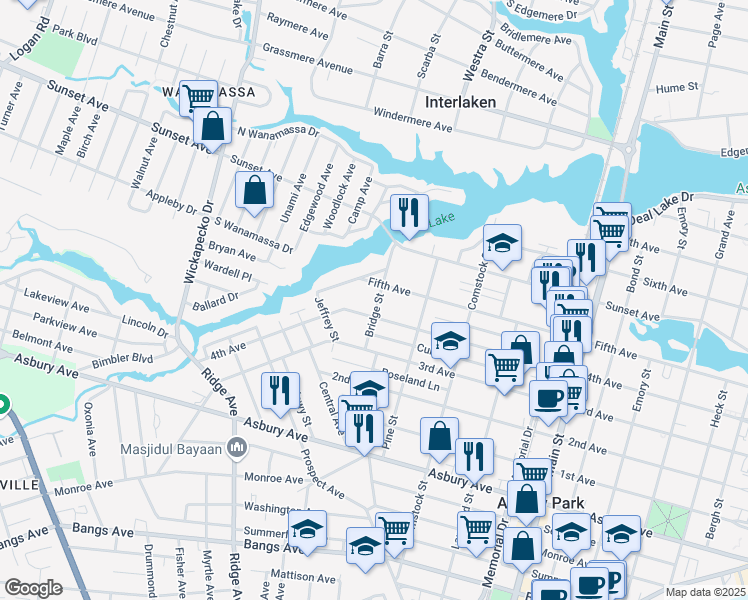 map of restaurants, bars, coffee shops, grocery stores, and more near 1207 Bridge Street in Asbury Park