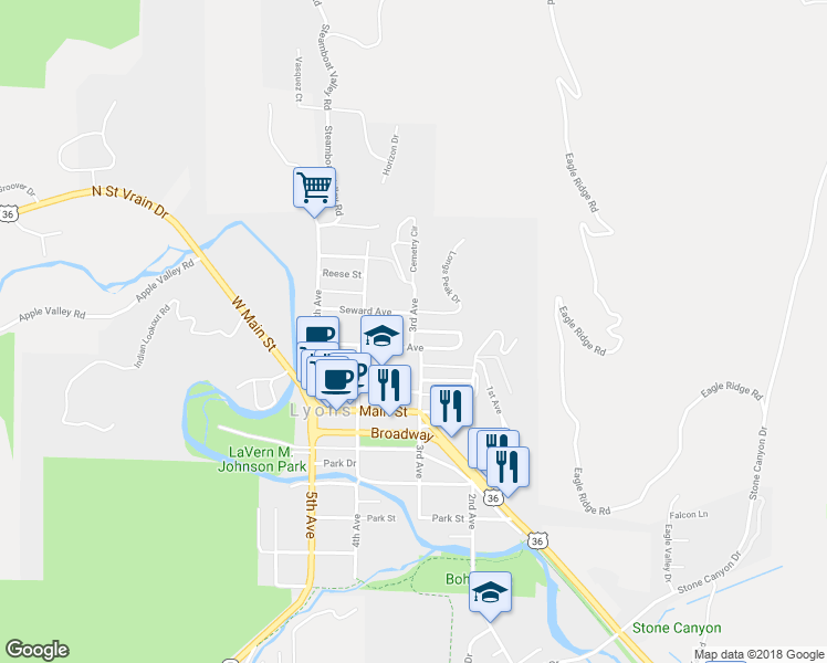 map of restaurants, bars, coffee shops, grocery stores, and more near 321 Seward Street in Longmont