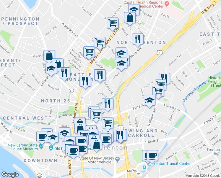 map of restaurants, bars, coffee shops, grocery stores, and more near 152 Old Rose Street in Trenton