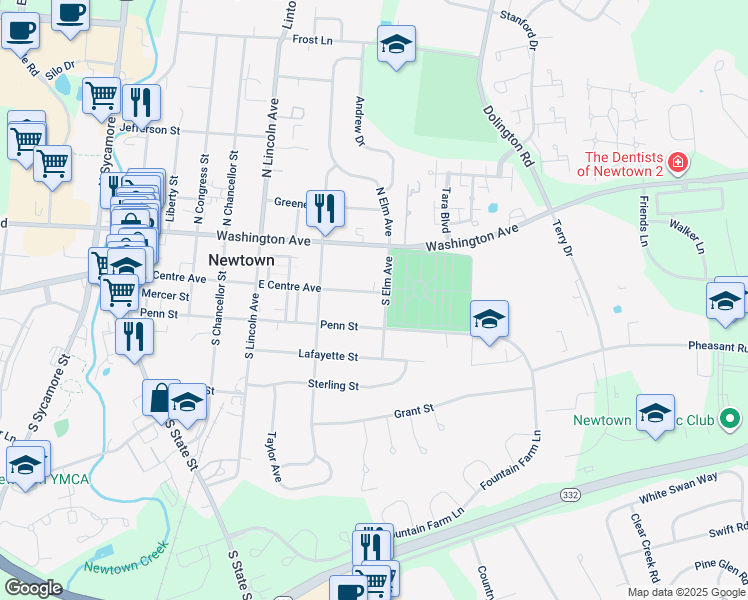 map of restaurants, bars, coffee shops, grocery stores, and more near 554 East Centre Avenue in Newtown