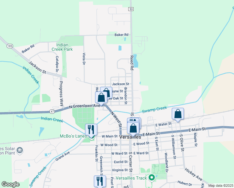 map of restaurants, bars, coffee shops, grocery stores, and more near 428 Washington Street in Versailles