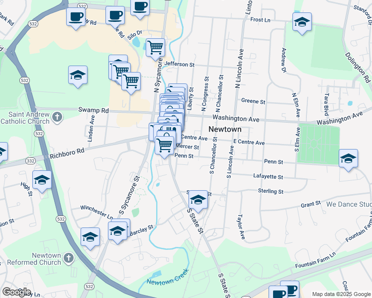 map of restaurants, bars, coffee shops, grocery stores, and more near 143 Mercer Court in Fairless Hills