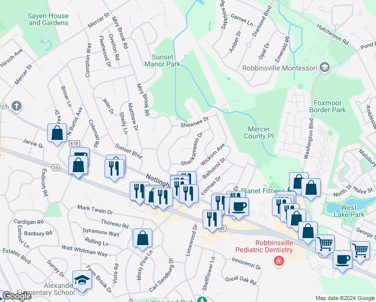 map of restaurants, bars, coffee shops, grocery stores, and more near 3 Village Court in Hamilton Township