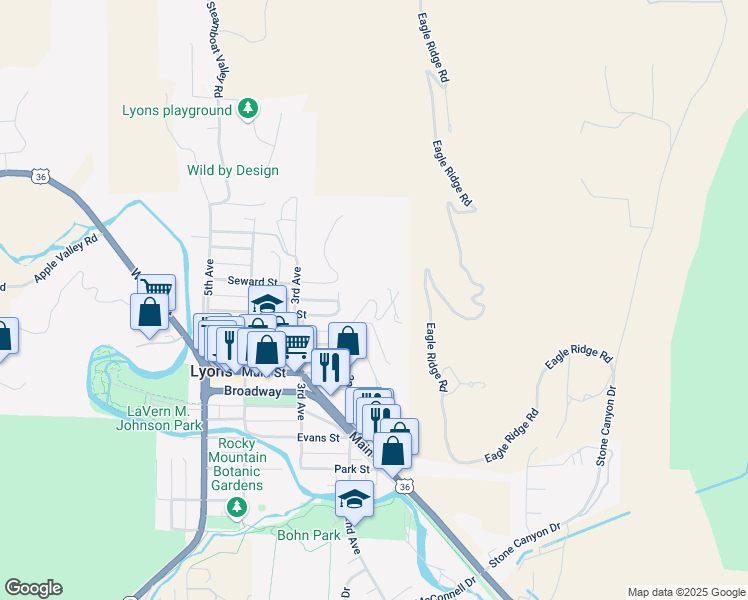 map of restaurants, bars, coffee shops, grocery stores, and more near 816 Mountain View Drive in Lyons