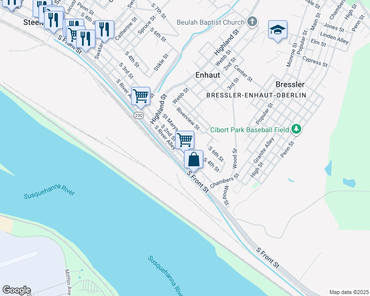 map of restaurants, bars, coffee shops, grocery stores, and more near 609 South 2nd Street in Steelton