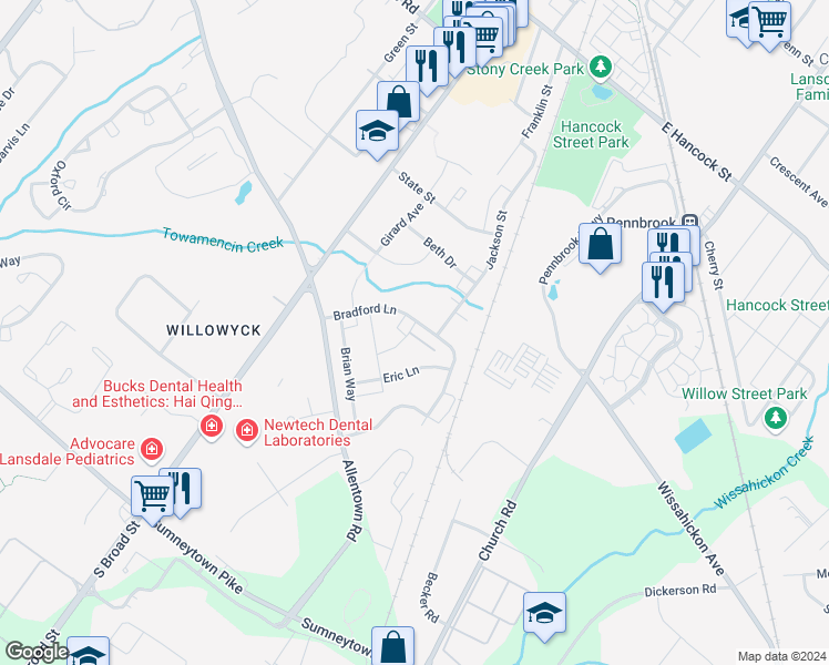 map of restaurants, bars, coffee shops, grocery stores, and more near 210 Bradford Lane in Lansdale